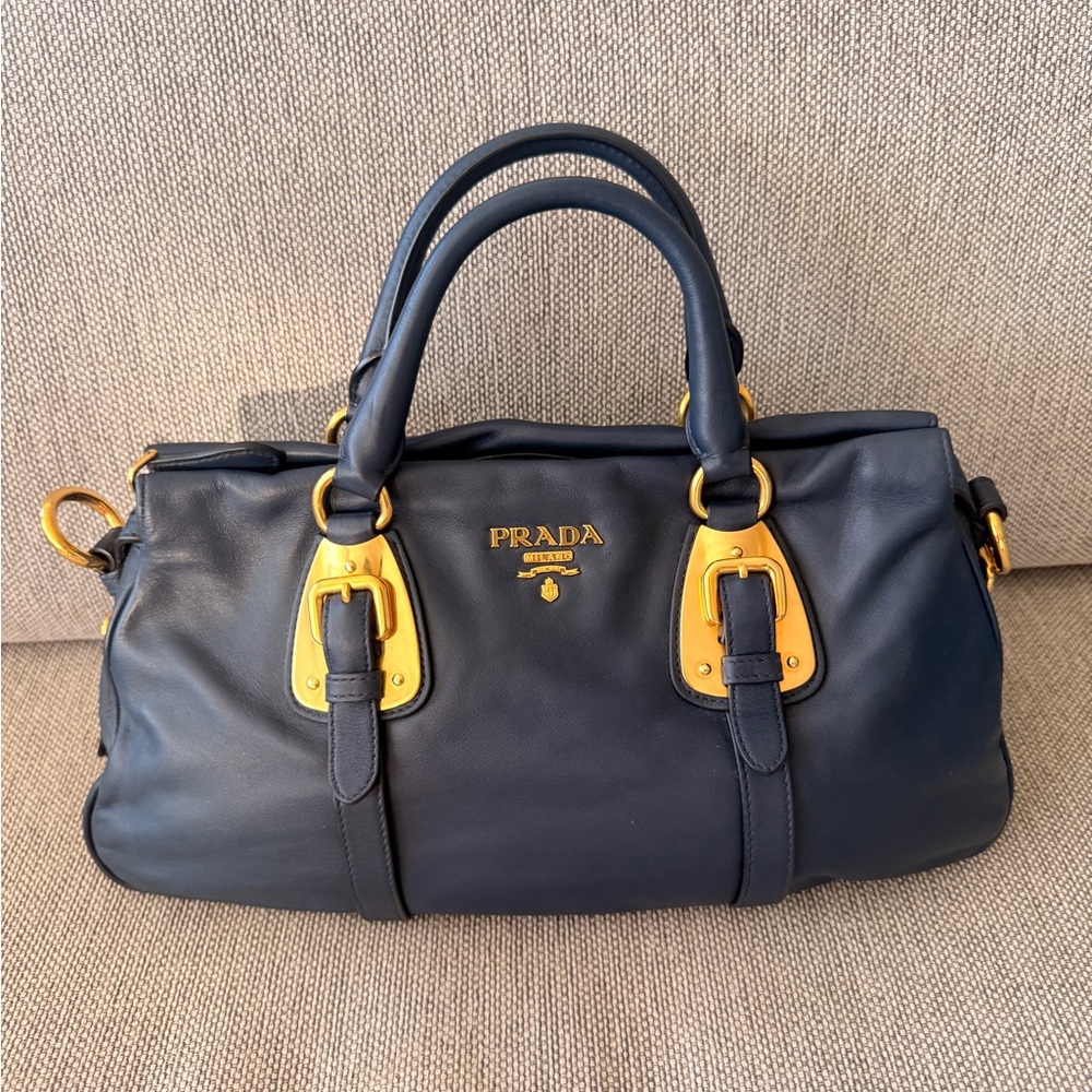 Prada Bauletto Tote Bag Soft Calfskin Lether in Navy